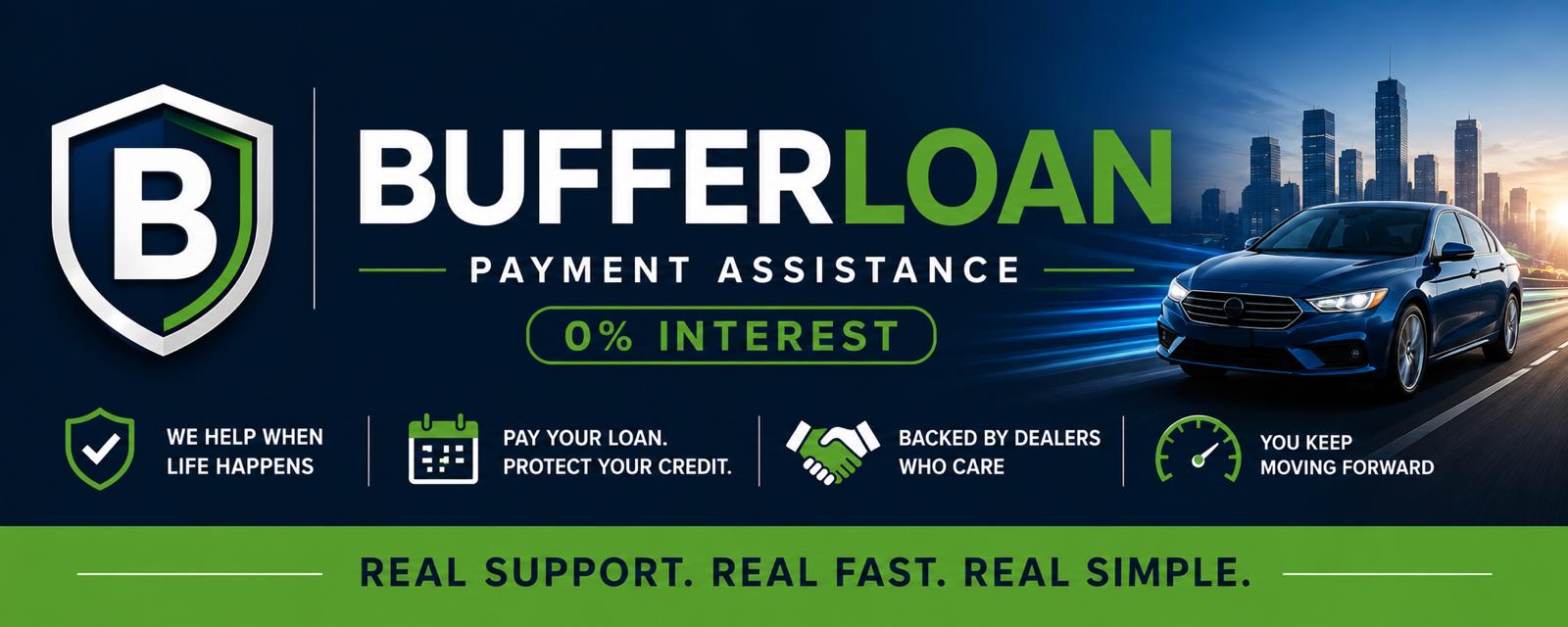 BufferLoan Payment Assistance, 0% interest. We help when life happens. Pay your loan, protect your credit. Backed by dealers who care. You keep moving forward. Real support. Real fast. Real simple.